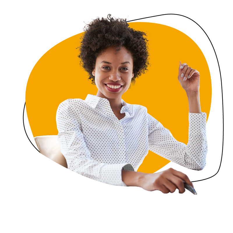 Smiling woman in a white polka dot shirt against an orange background.