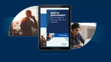 E-book cover titled 'Remote Management: How to Foster a Thriving Team at a Distance' displayed on a tablet.