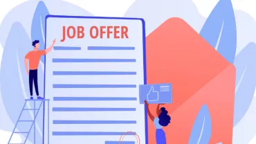 Illustration of two people with a large job offer letter.