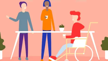 Illustration of diverse group sitting at table with plants.
