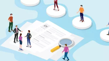 Illustration of people standing on a large CV, discussing job applications.