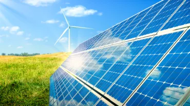 Solar panels and a wind turbine on a sunny day in a field.