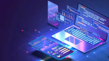 Illustration of a laptop and smartphone with floating digital charts and graphs on a blue-purple background.