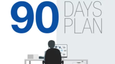 Illustration of '90 Days Plan' with a person at a desk and computer.