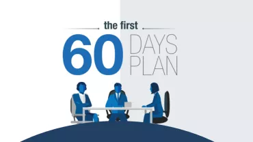 Illustration of 'The First 60 Days Plan' with three people around a table.