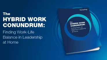 Book titled 'The Hybrid Work Conundrum' on work-life balance in leadership at home, blue cover.