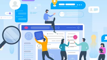 Illustration of people interacting with digital interfaces and documents.