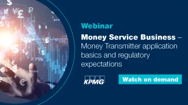 Webinar on money service business and regulatory expectations, KPMG logo, 'Watch on demand' button.