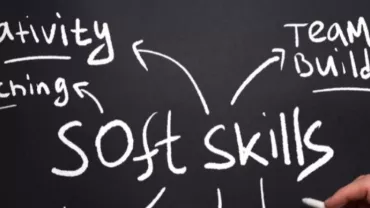 Chalkboard with 'Soft Skills' written in the center, linked to 'creativity,' 'coaching,' and 'team building.'