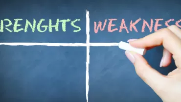 Hand holding chalk writing 'STRENGHT'S' and 'WEAKNESSES' on a board.