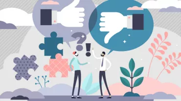Illustration of two people discussing with thumbs up and thumbs down symbols.
