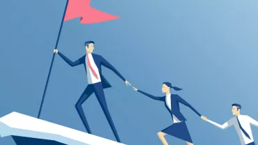 Three businesspeople climbing a symbolic mountain, led by a man holding a red flag.