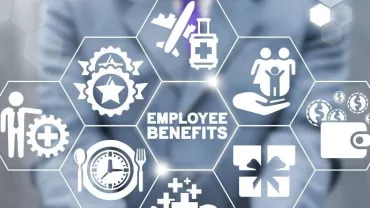 Hexagons displaying icons of various employee benefits like healthcare and rewards.