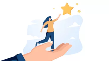 Illustration of a person reaching for a star while standing on a giant hand.
