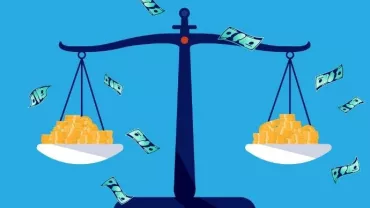 Illustration of scales balancing coins and flying banknotes on a blue background.
