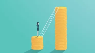 Woman on coins faces ladder leaning on taller stack of coins.