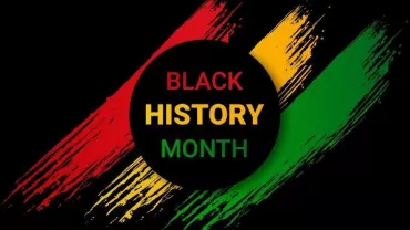 Abstract design with 'Black History Month' text in red, yellow, and green on a black background.