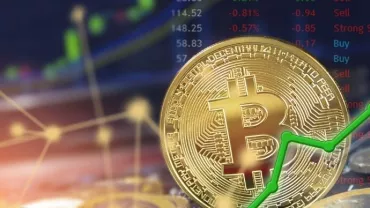 Bitcoin symbol with a rising green trend line on a stock market background.