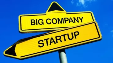 Signpost with arrows to Big Company and Startup.