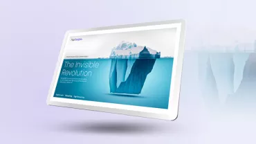 Digital display showing an iceberg with the text 'The Invisible Revolution' on screen.