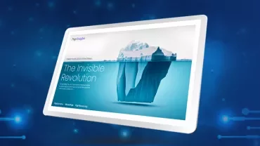 Digital screen displaying an iceberg graphic, titled 'The Invisible Revolution', against a blue tech-themed background.