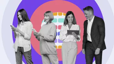 Four people using digital devices against a colorful background.