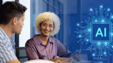 Two people discussing with a digital AI graphic in the background.