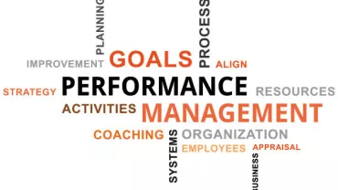 Word cloud with terms like performance, management, goals, strategy, and organization.