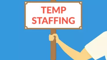 Illustration of a hand holding a sign that reads 'Temp Staffing' against a blue background.