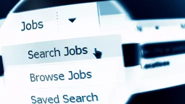 Close-up of a computer screen showing a menu with options: Search Jobs, Browse Jobs, Saved Search.