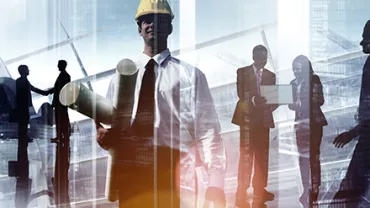 Business professionals and an engineer with blueprints in a cityscape background.