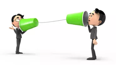 Two cartoon figures talking using green cups connected by string.
