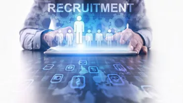 Person using a tablet with recruitment icons and figures, representing hiring and selection.