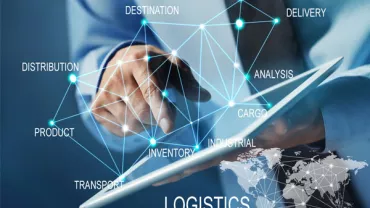 Person using tablet with logistics network overlay, highlighting distribution, manufacturing, and transport.
