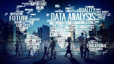 Silhouettes walking with a cityscape background and words like 'Data Analysis' forming a word cloud.