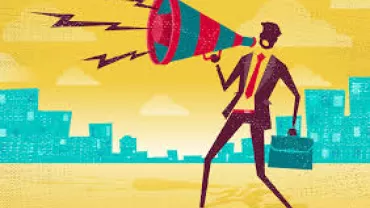 Colorful illustration of a man with a megaphone, standing in a cityscape.