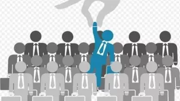 Illustration of a hand picking a blue figure from a group of gray figures in suits.