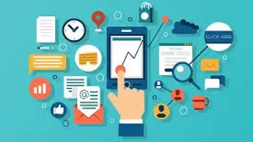 Digital marketing icons surrounding smartphone with analytics graph on screen.