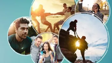Collage of diverse people enjoying outdoor activities and teamwork.