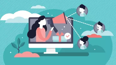 Illustration of person using megaphone on screen with network connections