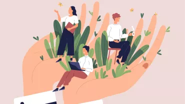 Illustration of three people working and relaxing on a large open hand.