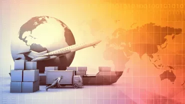Airplane, truck, and globe depicting global logistics on a gradient world map.