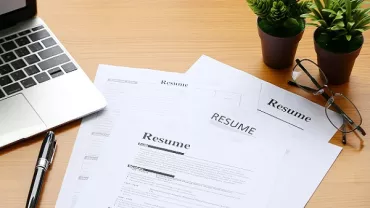 Laptop, resumes, pen, glasses, and potted plants on a wooden desk.