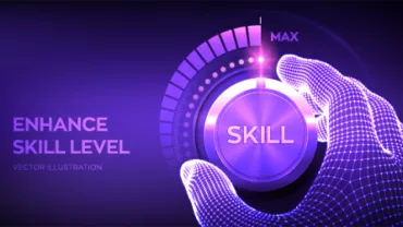 3D wireframe hand turning a glowing dial labeled 'Skill' to max.