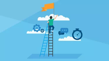 Person climbing ladder to reach flag amidst clouds, gears, chat bubble, and stopwatch on a blue background.