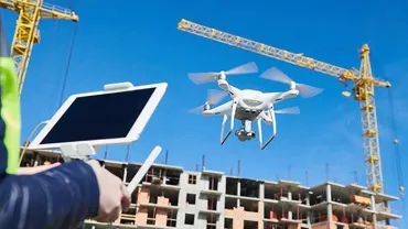 Person controlling drone with tablet at a construction site with cranes and building in the background.