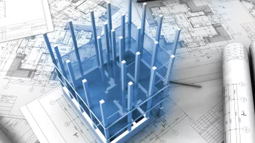 Blueprints with an overlay of a 3D building model.