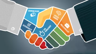 Illustration of a handshake highlighting skills like communication and time management