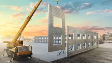 Crane lifting a concrete wall panel at a construction site during sunset.