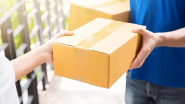 Person in blue shirt handing over a cardboard box outdoors.